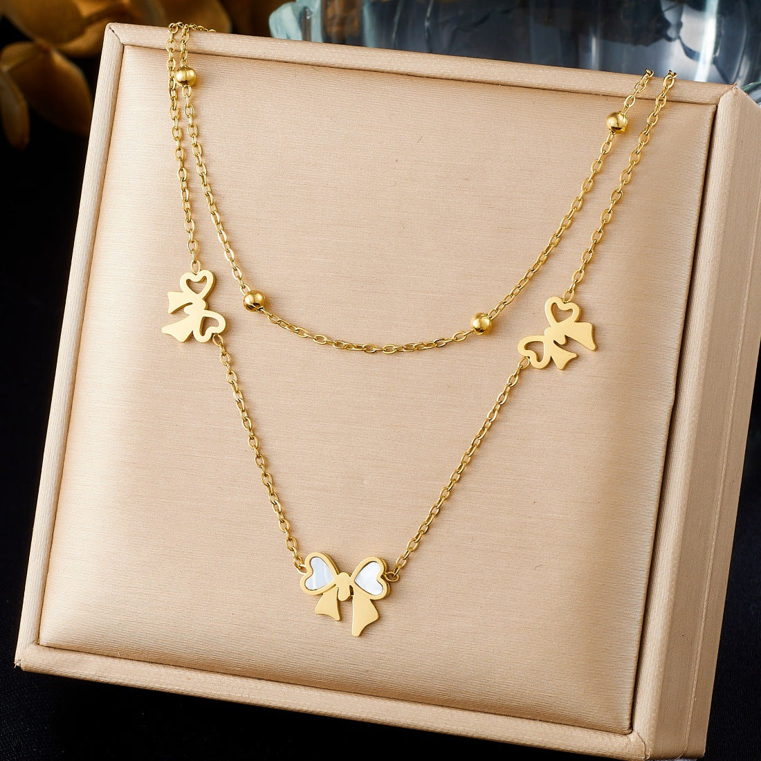 Minimalist Luxury Gold Plated Stainless Steel Bow Pendant Double Layer Necklace Set for Women