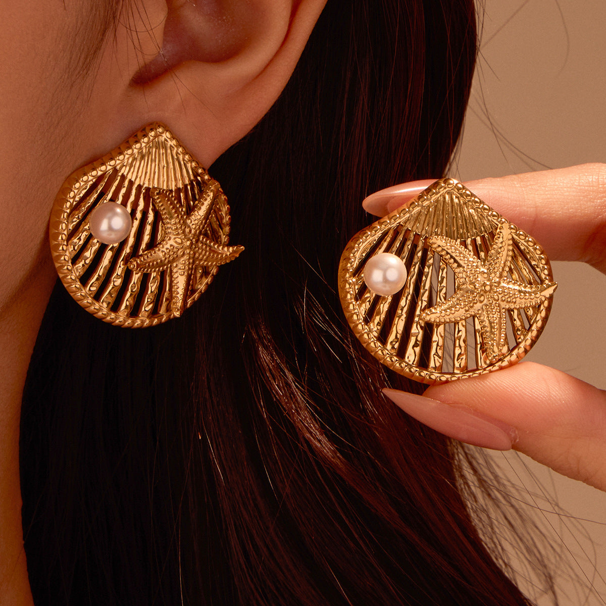 Pendientes minimalistas de acero inoxidable con forma de estrella de mar y acabado chapado para mujer