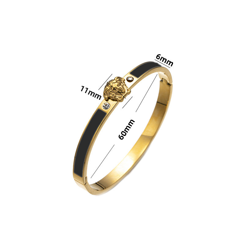 Bracciale Minimalista in Acciaio Inossidabile da Donna con Placcatura in Acciaio al Titanio e Intarsio di Strass a Forma Geometrica Ovale