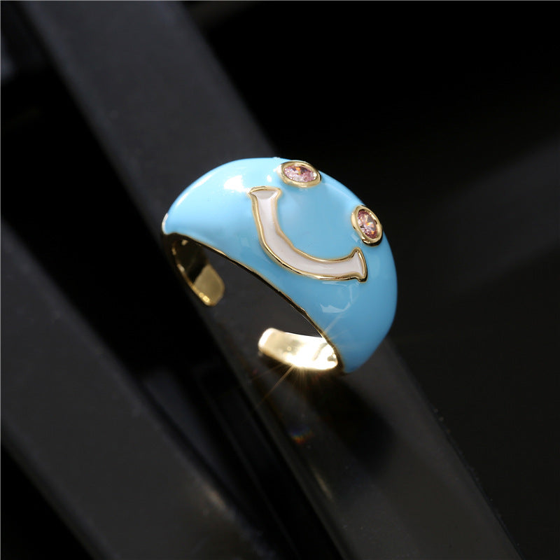 Cute Smiley Face Geometric Drip Oil Brass Ring for Women Adjustable Open Design