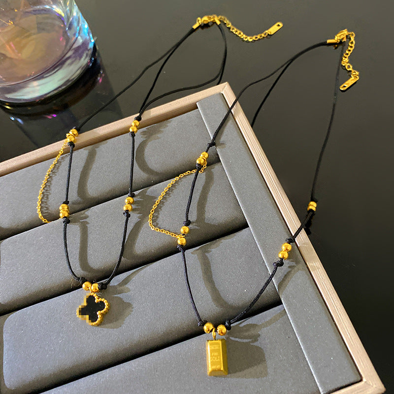 Vintage Titanium Steel Square Pendant Necklace with Round Elements Plated Finish Unisex Chain