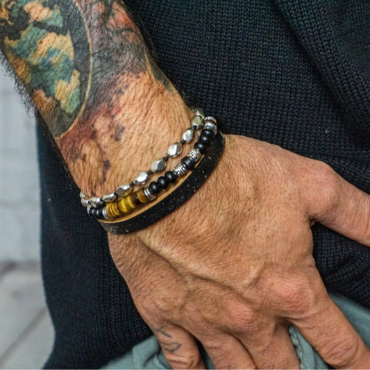 Hip-hop Men's Matte Leather Bracelet with Round Tiger's Eye and Agate Beads