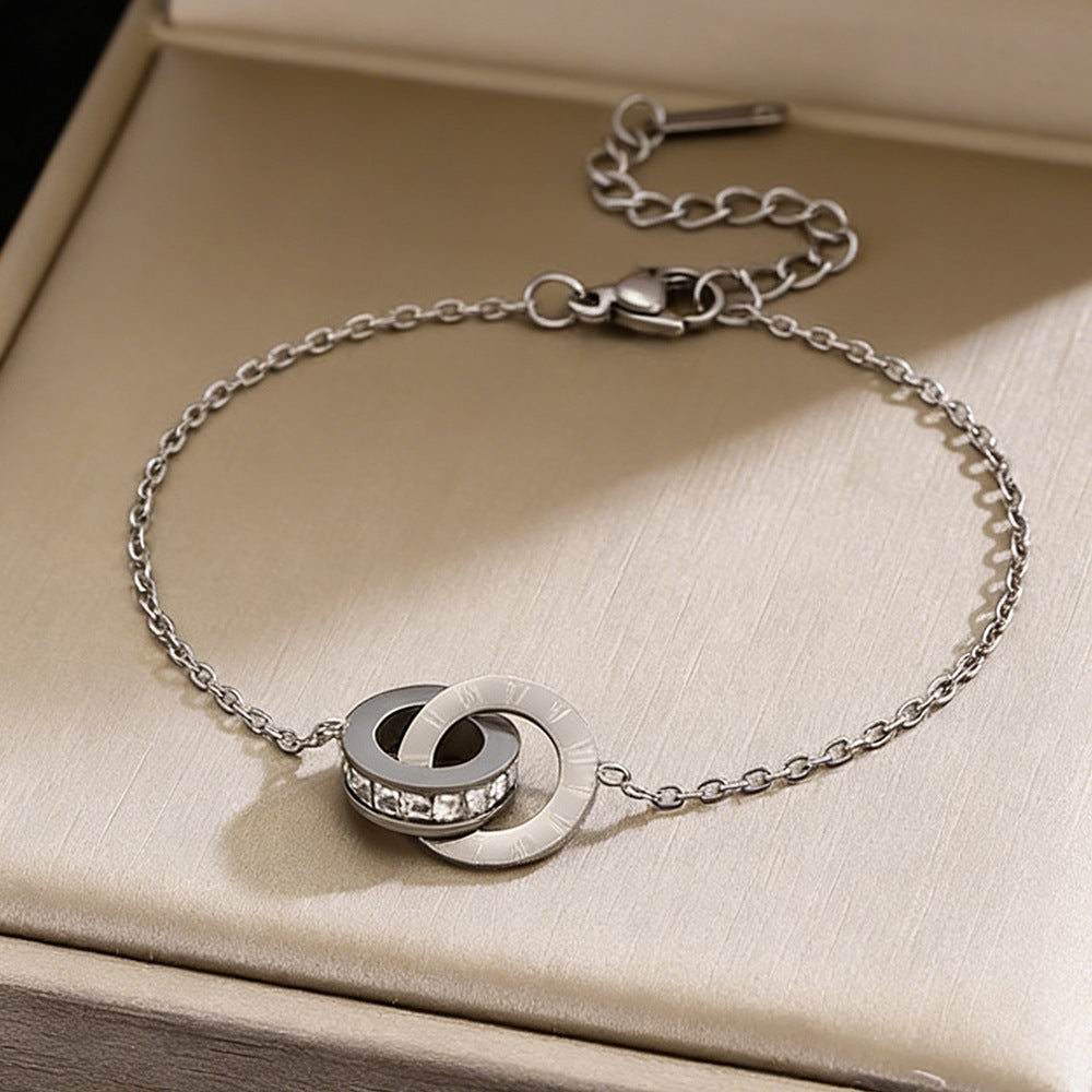 Minimalist Luxury Geometric Letter Stainless Steel Plated Double Ring Roman Numeral Bracelet for Women