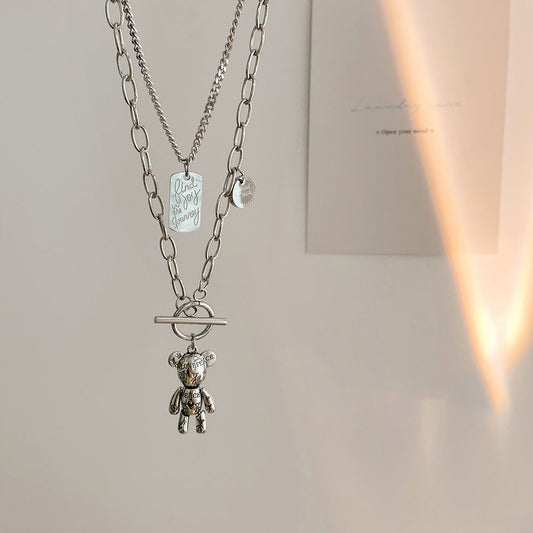 Minimalist Bear Pendant Titanium Steel Plated Necklace for Women and Men Adjustable Clavicle Chain