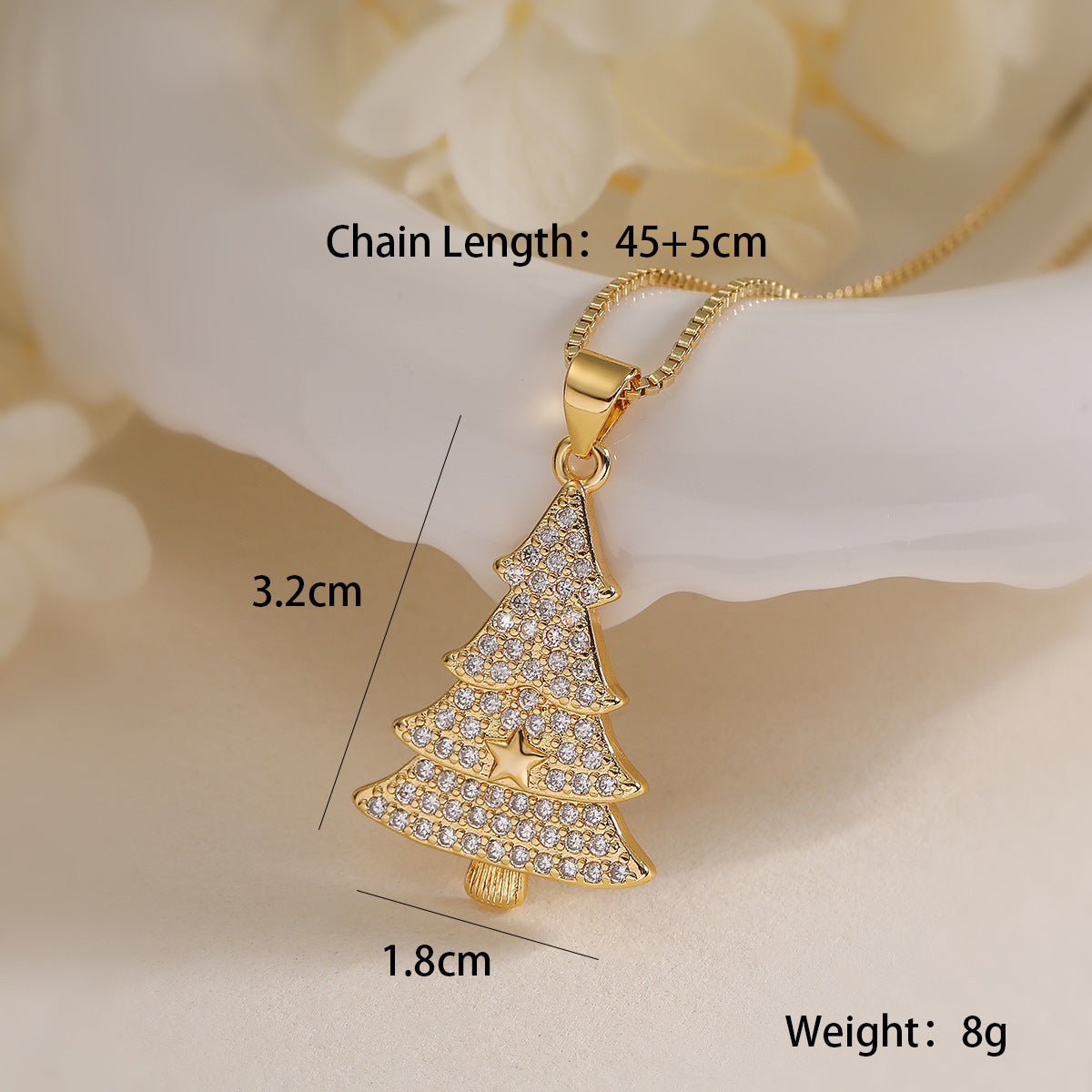 Collana pendente con albero di Natale geometrico minimalista da donna con base in rame e placcatura in oro 18 carati, intarsio di zirconi, delicata catena per clavicola
