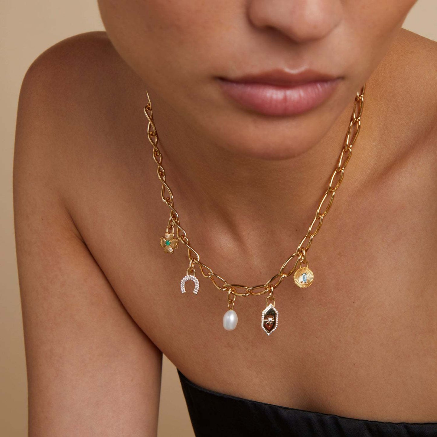 Vintage 18K Gold Plated Stainless Steel Heart Geometric Pendant Necklace with Cubic Zirconia Inlay DIY Charm Bar