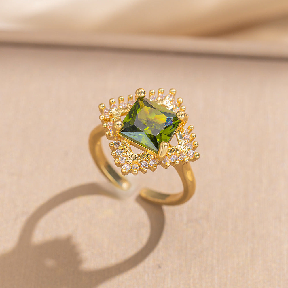 Luxury Minimalist Adjustable Open Ring for Women with Gold-Plated Copper Band and Zircon Stone Accent in Heart and Floral Shape