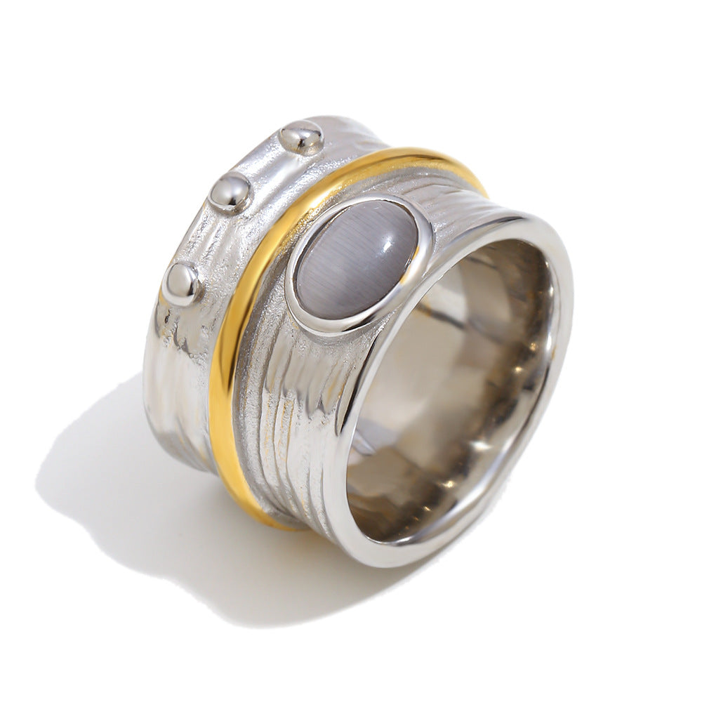Anello Vintage Stile Old Money Geometrico in Acciaio Inossidabile Placcato Oro 18K con Accento in Pietra Occhio di Gatto da Donna