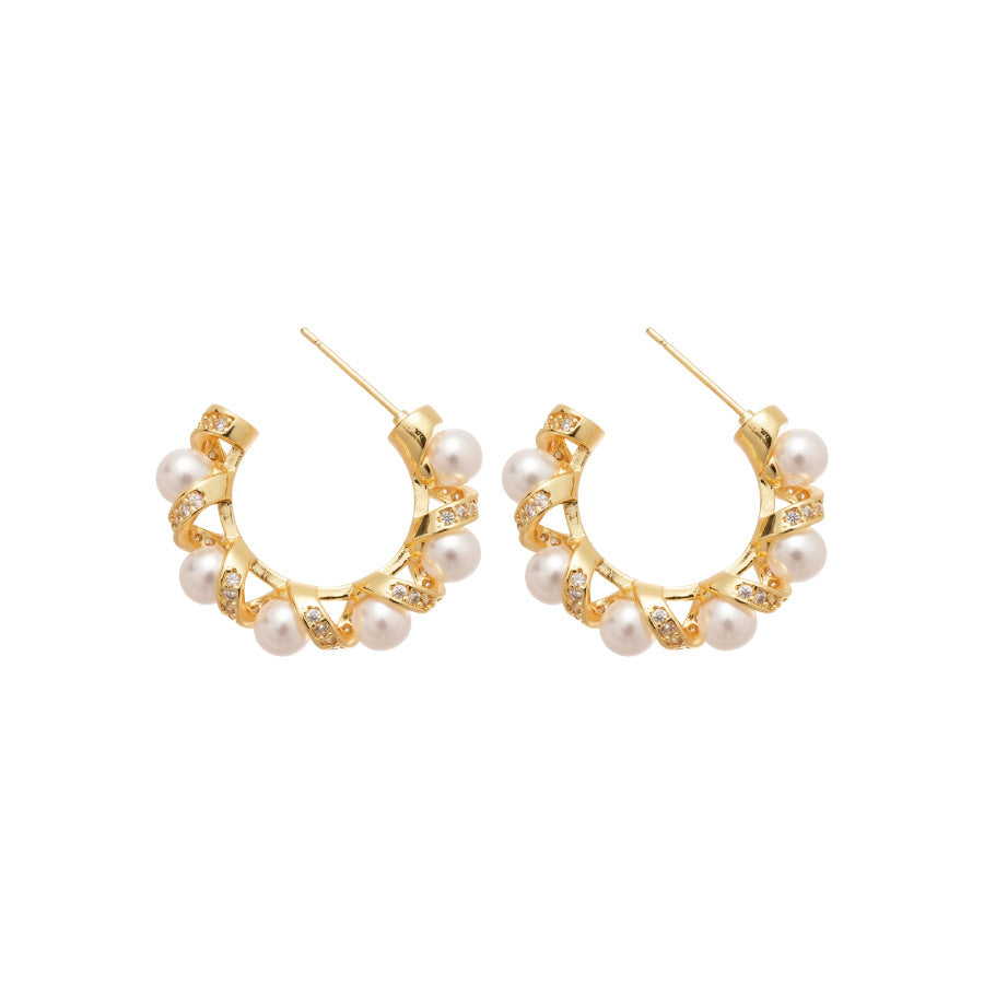 Pendientes Geométricos Minimalistas de Perlas con Incrustaciones de Circonita y Postes de Plata Bañados en Oro para Mujer