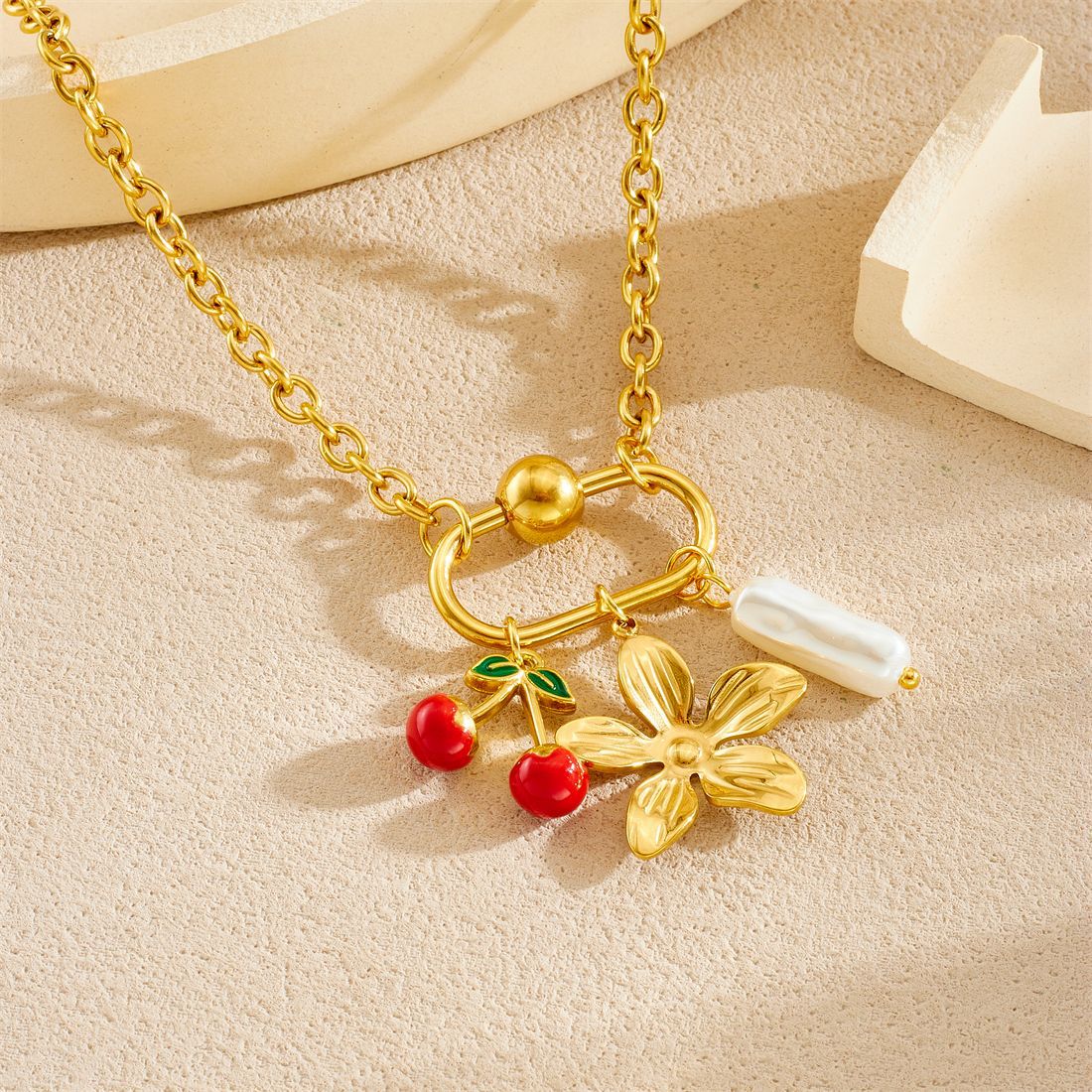 Gold Plated Drip Oil Stainless Steel Plant Pendant Necklace with Cable Chain for Women
