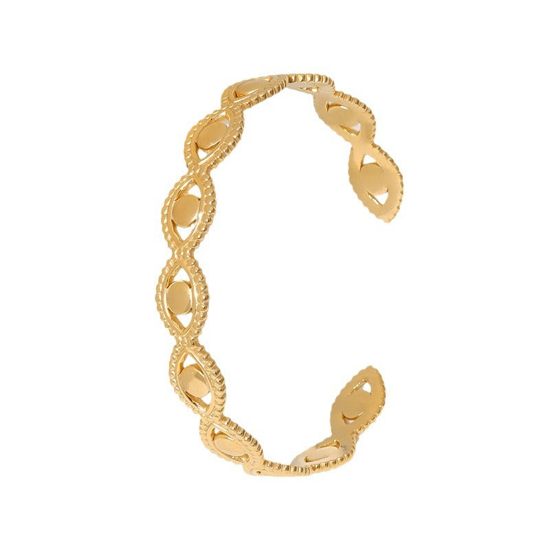 Bracciale in acciaio al titanio con design a occhio per donne, bracciale aperto in acciaio inossidabile con placcatura PVD