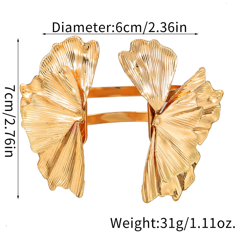 Geometric Silver-Plated Alloy Cuff Bracelet with Ruffled Ginkgo and Floral Accents for Women