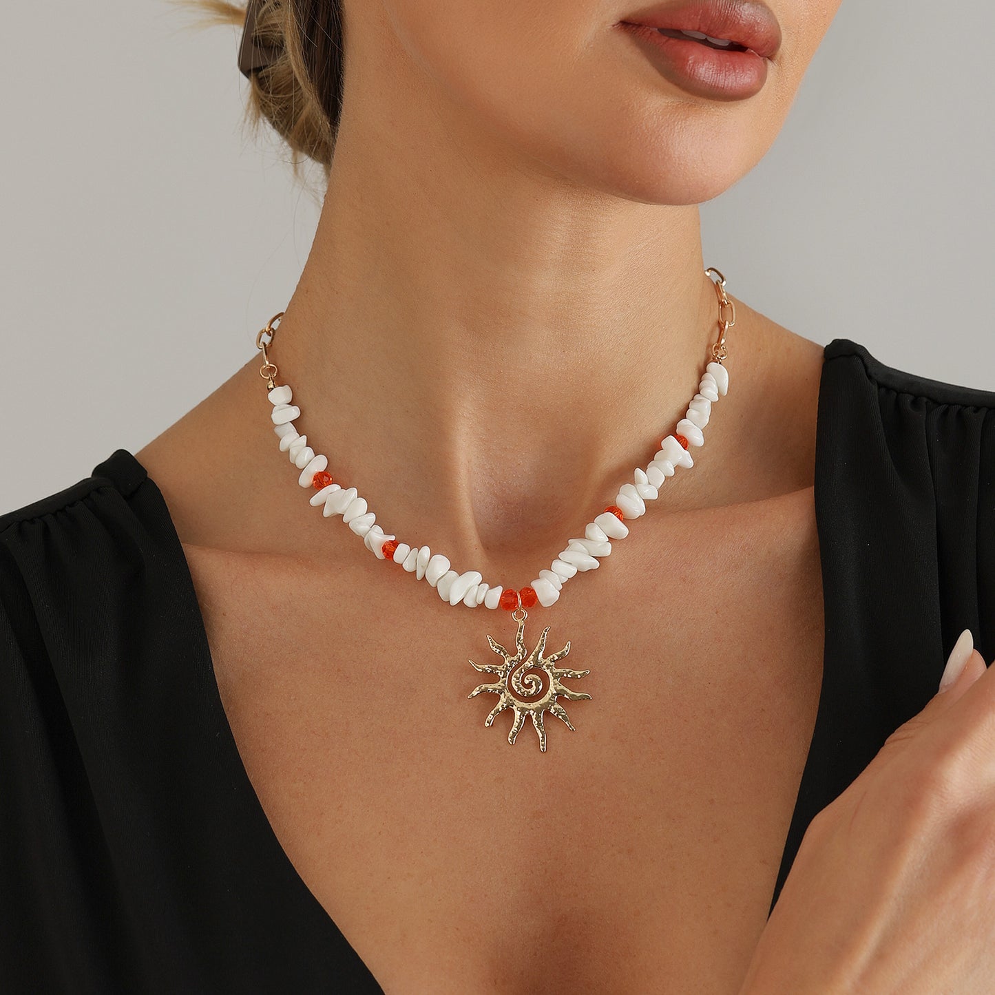 Bohemian Vintage Geometric Sunflower Plated Alloy Necklace with Irregular Gemstone Beads for Women