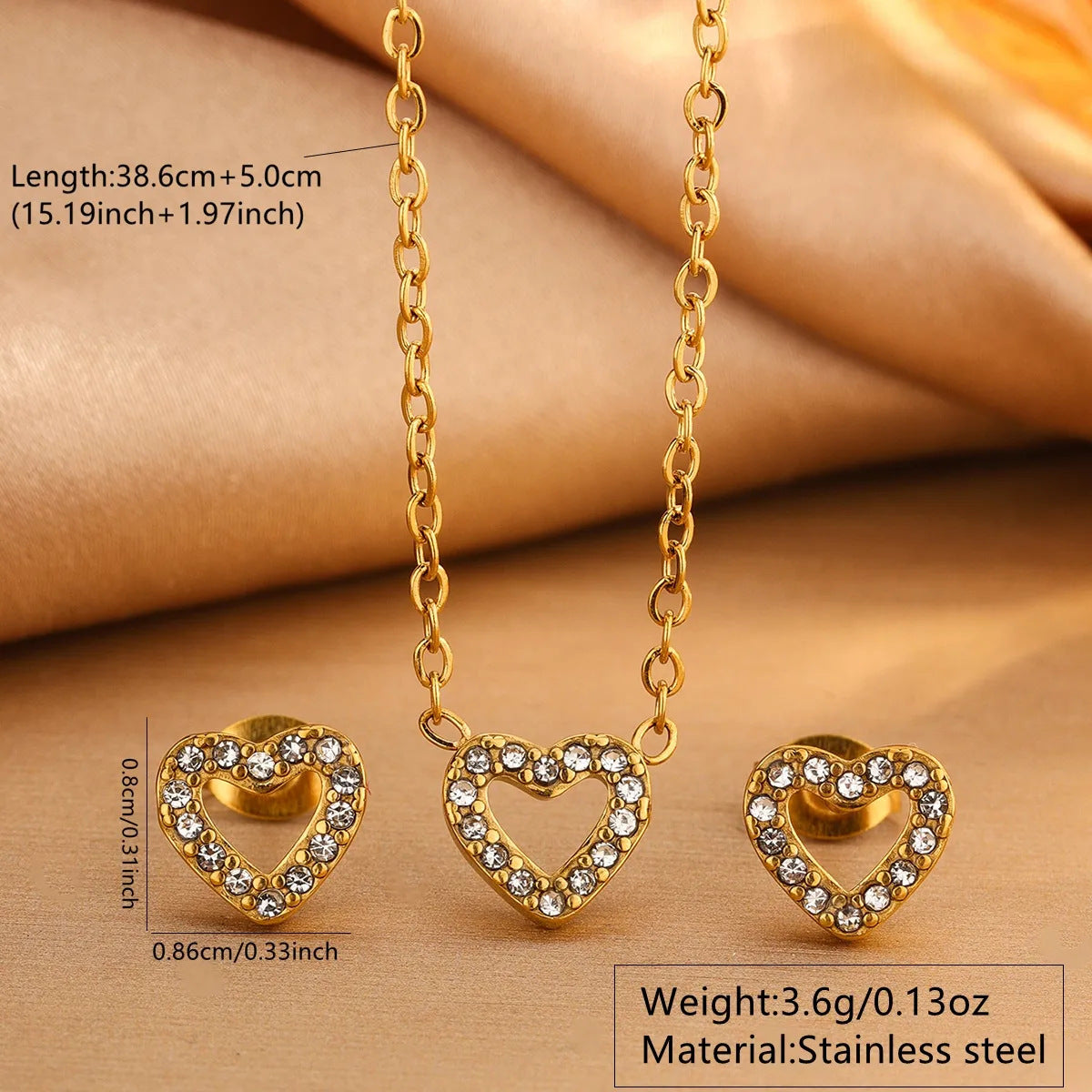 Elegant Heart Cubic Zirconia Plated Stainless Steel Necklace and Earring Set for Women