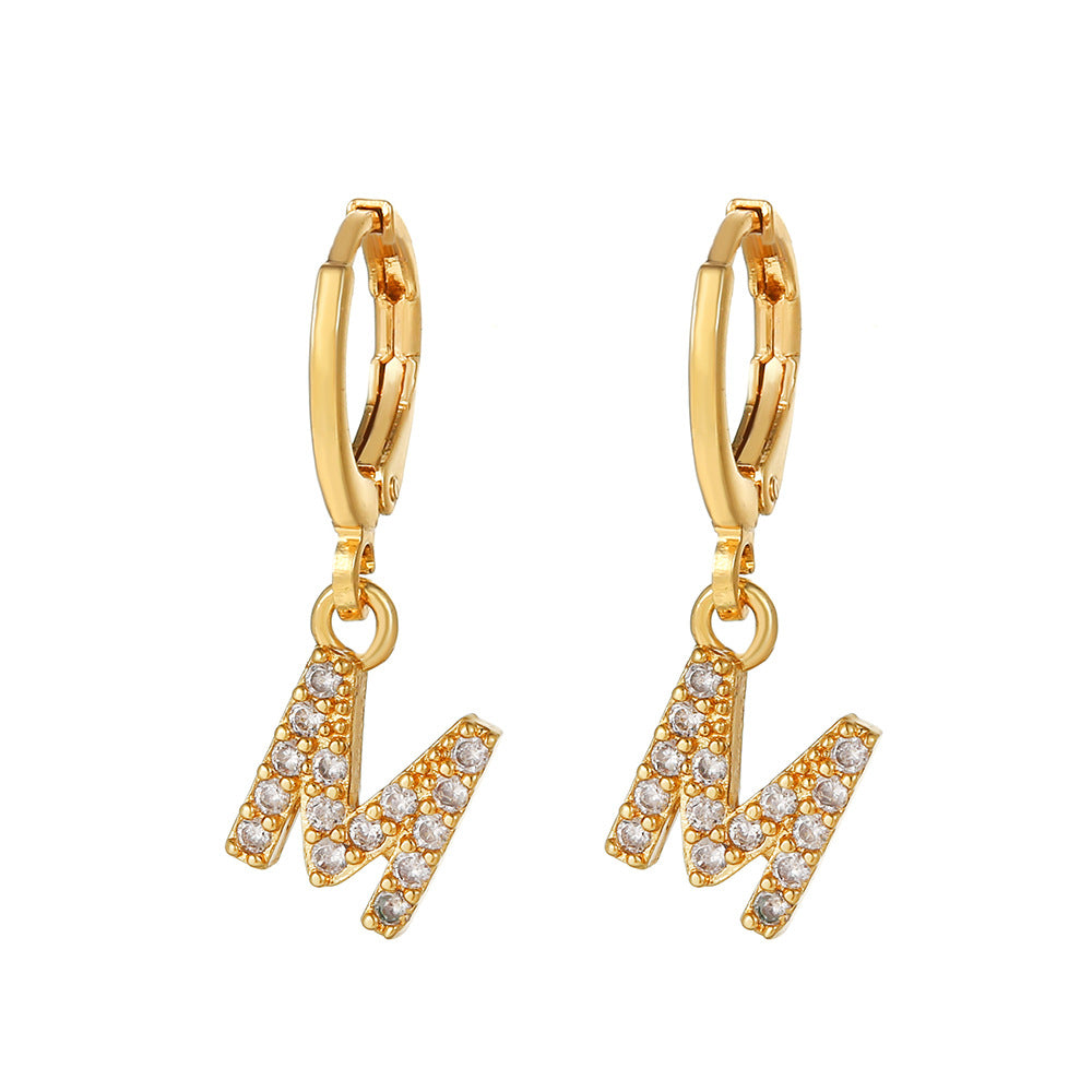 Minimalist Elegant Gold Plated Brass Micro-Inlaid Cubic Zirconia Letter Hoop Earrings for Women