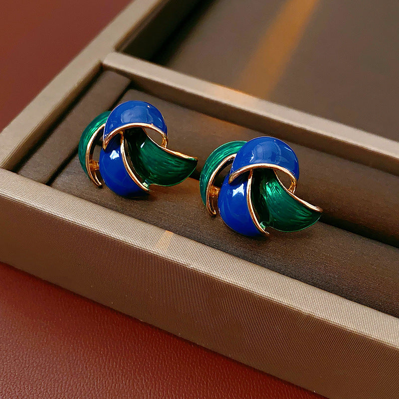 Chic Geometric Enamel Blue Green Contrast Stud Earrings for Women with Stainless Steel Posts