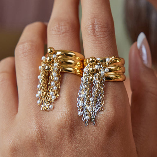 Fashion-Forward Geometric Tassel Ring in Titanium Steel with Plated Finish for Women