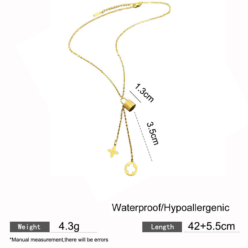 Geometric Titanium Steel Plated Lock Clover Tassel Necklace