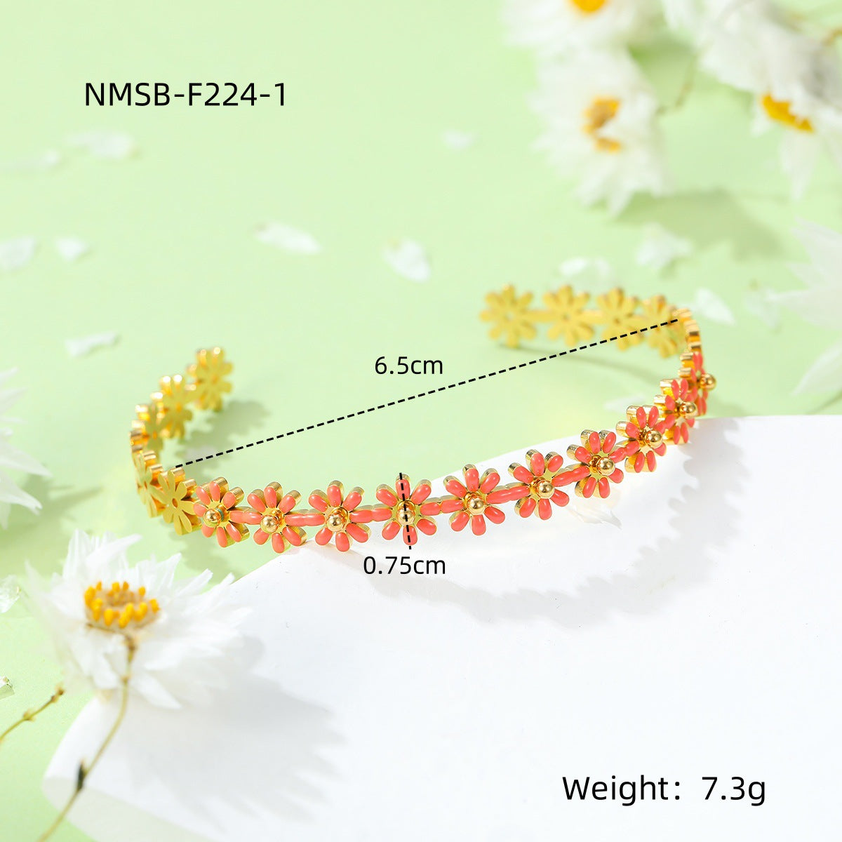 Pulsera de acero titanio con esmalte de margarita fresca y dulce para mujer con acabado chapado