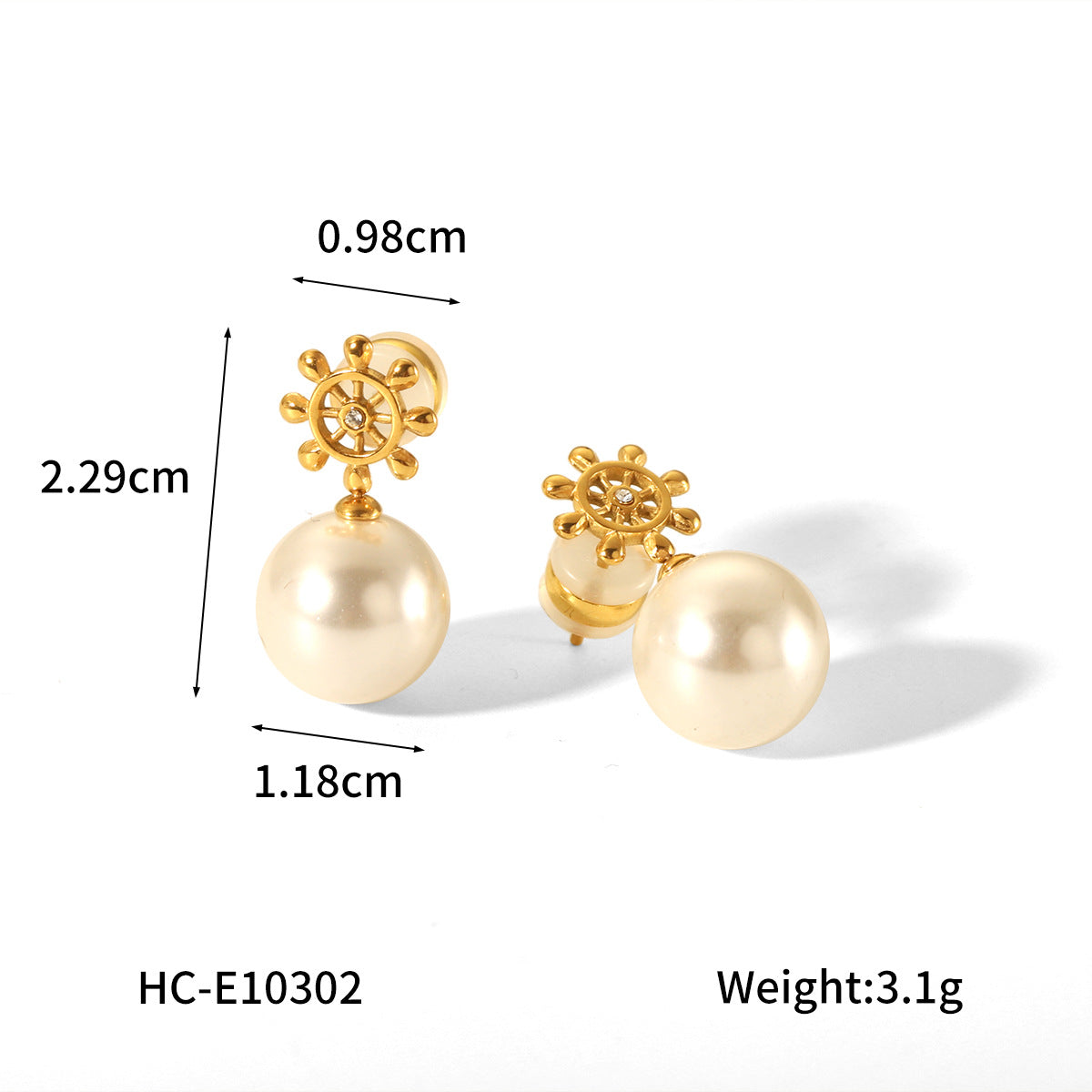 Ins Style 18K Gold Plated Stainless Steel Geometric Ship Wheel Stud Earrings with Rhinestone and Pearl for Women