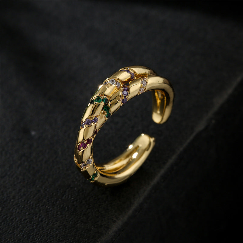 Geometric Brass Ring with Micro-Inlaid Cubic Zirconia and Gold Plated Finish for Women