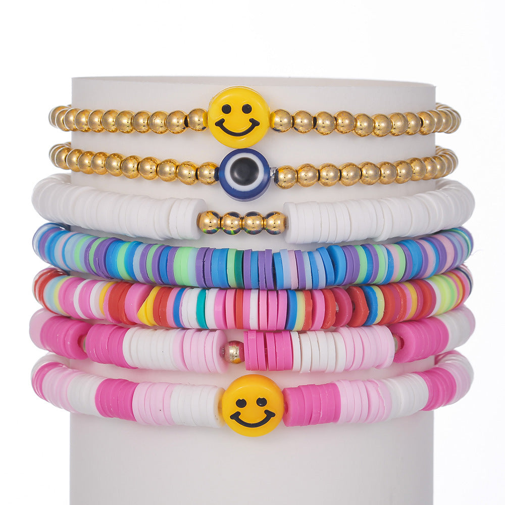 Bohemian Sweet Geometric Resin Brass Acrylic Bracelet Set with Eye and Smile Charms