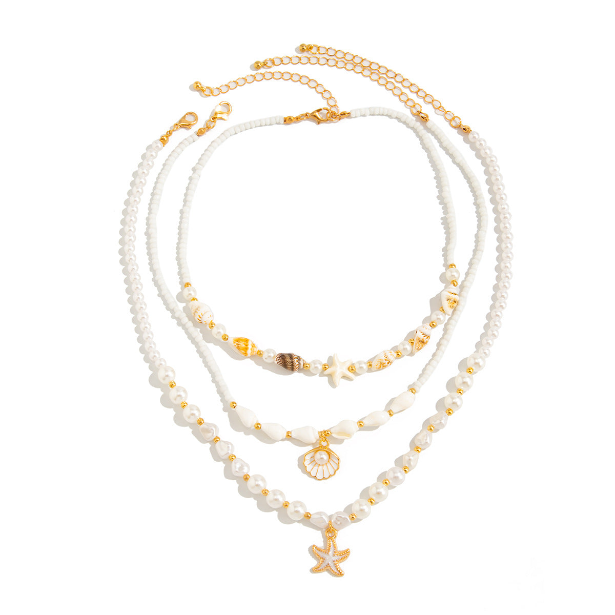 Sweet Multi-layer Conch Starfish Faux Pearl Beaded Necklace for Women