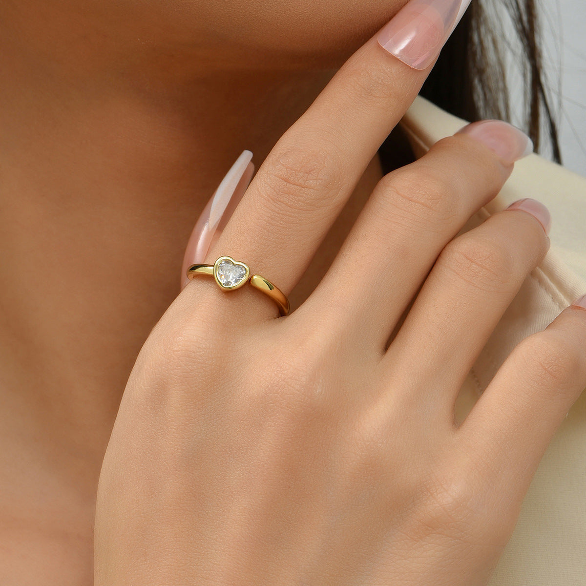 Minimalist Gold Plated Brass Heart Ring with Micro-inlay Cubic Zirconia for Women