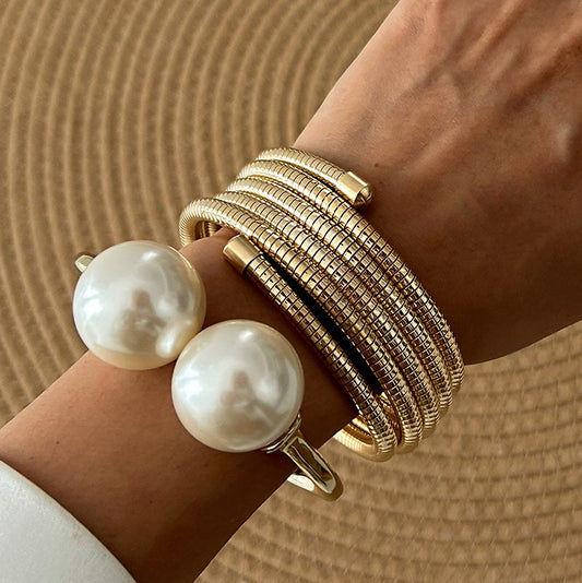 Elegant Gold Plated Zinc Alloy Geometric Pearl Multi-layer Elastic Bracelet Set