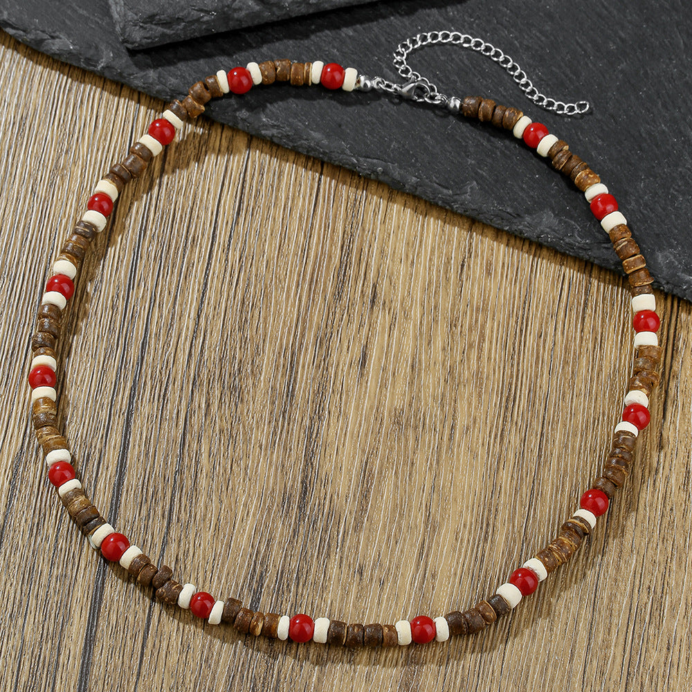Bohemian Handmade Geometric Wood and Coconut Shell Ball Chain Necklace