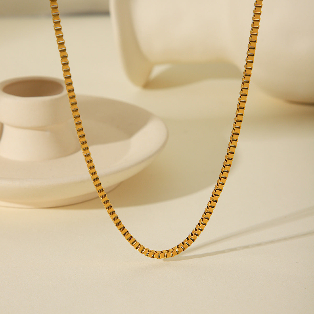 Minimalist Geometric Stainless Steel Gold-Plated Box Chain Necklace for Women, Hypoallergenic Titanium Steel Neck Chain, Fade-Resistant