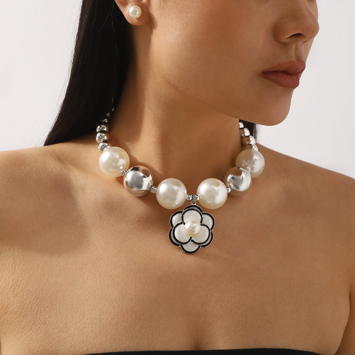 Elegant Camellia-Shaped Choker Jewelry Set with Rhinestone Inlay and Enamel Finish for Women