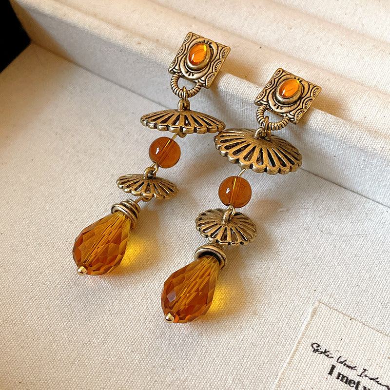 Vintage Geometric Stud Earrings in Brass with Plated Finish for Women French Court Style Artistic Retro Ear Jewelry