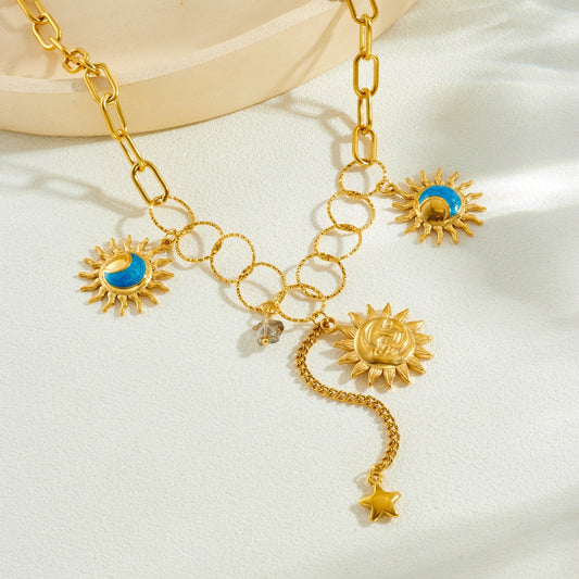 Vintage Plated Star Moon Sun Tassel Asymmetric Stainless Steel Necklace for Women