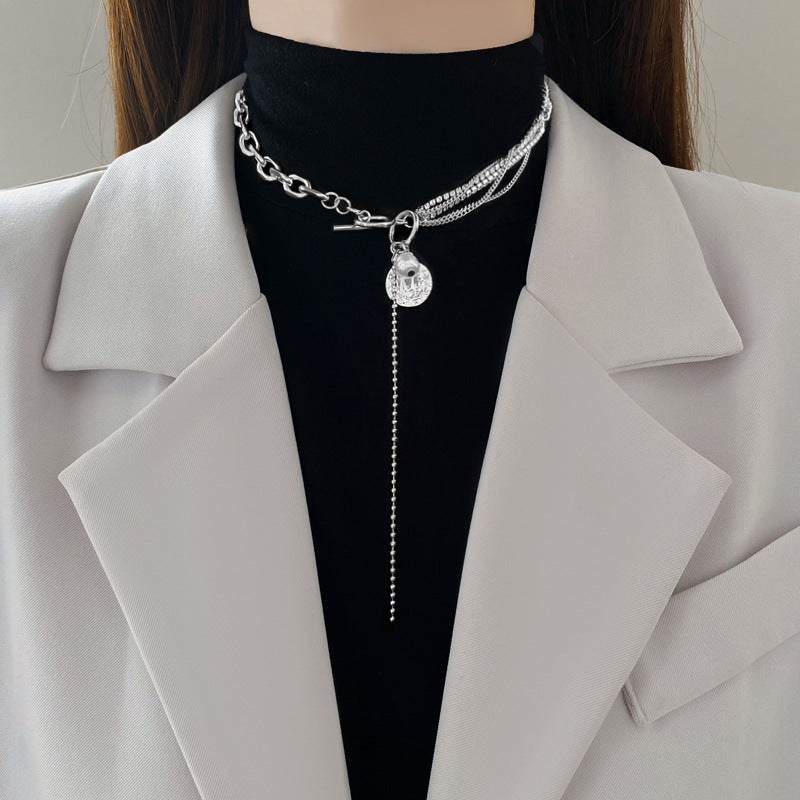 Cartoon-Style T-Shaped Clasp Necklace with Rhinestone Inlay and Pearl Pendant in Titanium Steel for Women