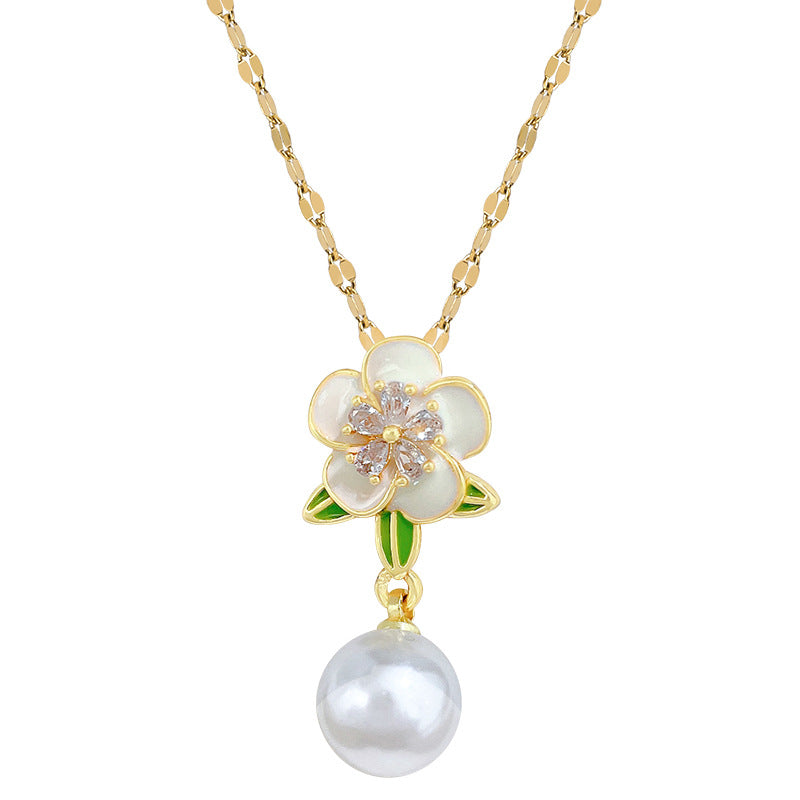 Sweet Elegant Floral Drip Oil Pearl Rhinestone Pendant Necklace Titanium Steel Cable Chain Unisex