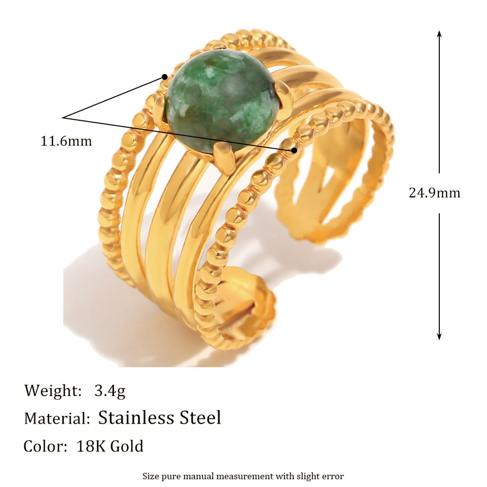Vintage Style Geometric Stainless Steel Ring with 18K Gold Plating and Jade Stone Accent for Women