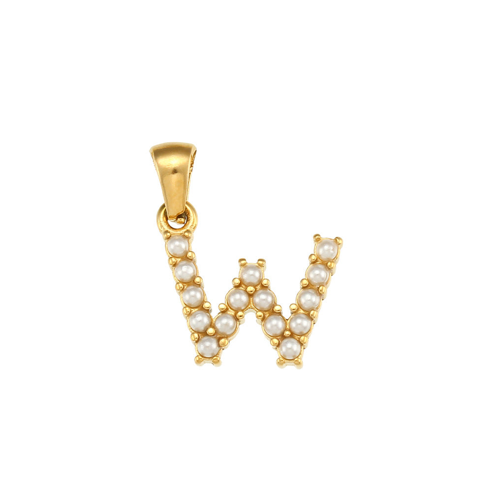 Minimalist Letter Pendant Necklace Stainless Steel with 18K Gold Plating Micro-Pave Zirconia and Pearl Accents