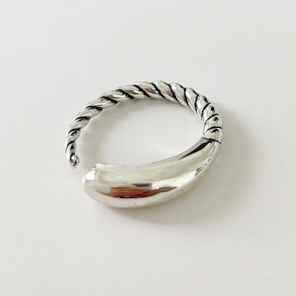 Vintage Minimalist Heart-Shaped 925 Sterling Silver Adjustable Ring with Rope Knot Detail for Women