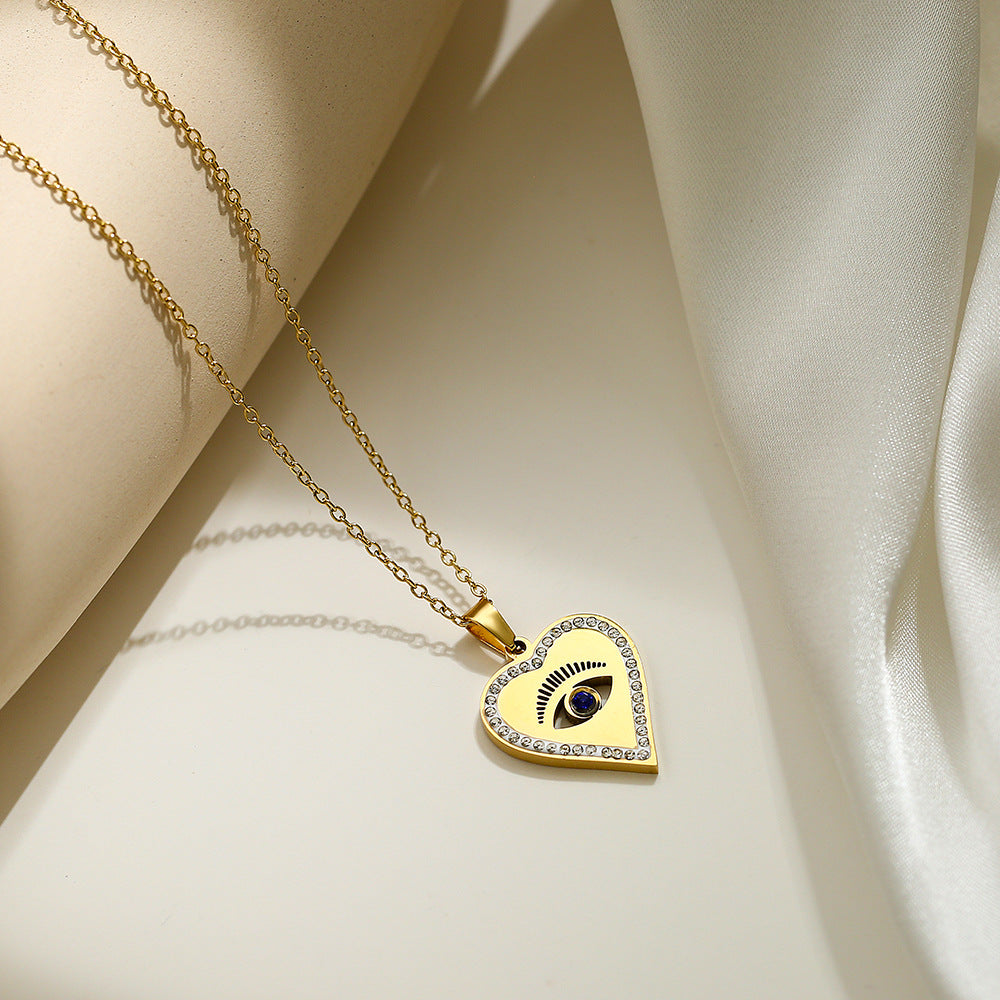 Minimalist Evil Eye Pendant Necklace for Women in Titanium Steel with Geometric Design and Heart Charm