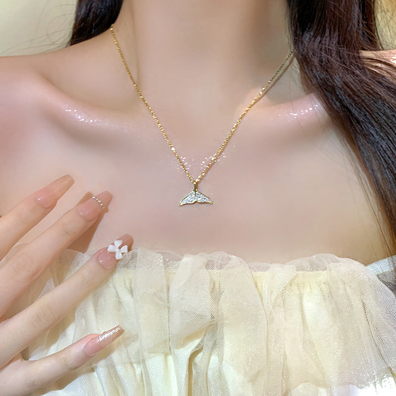 Luxury Mermaid Tail Pendant Necklace for Women with Full Rhinestone Inlay in Titanium Steel with Plated Finish