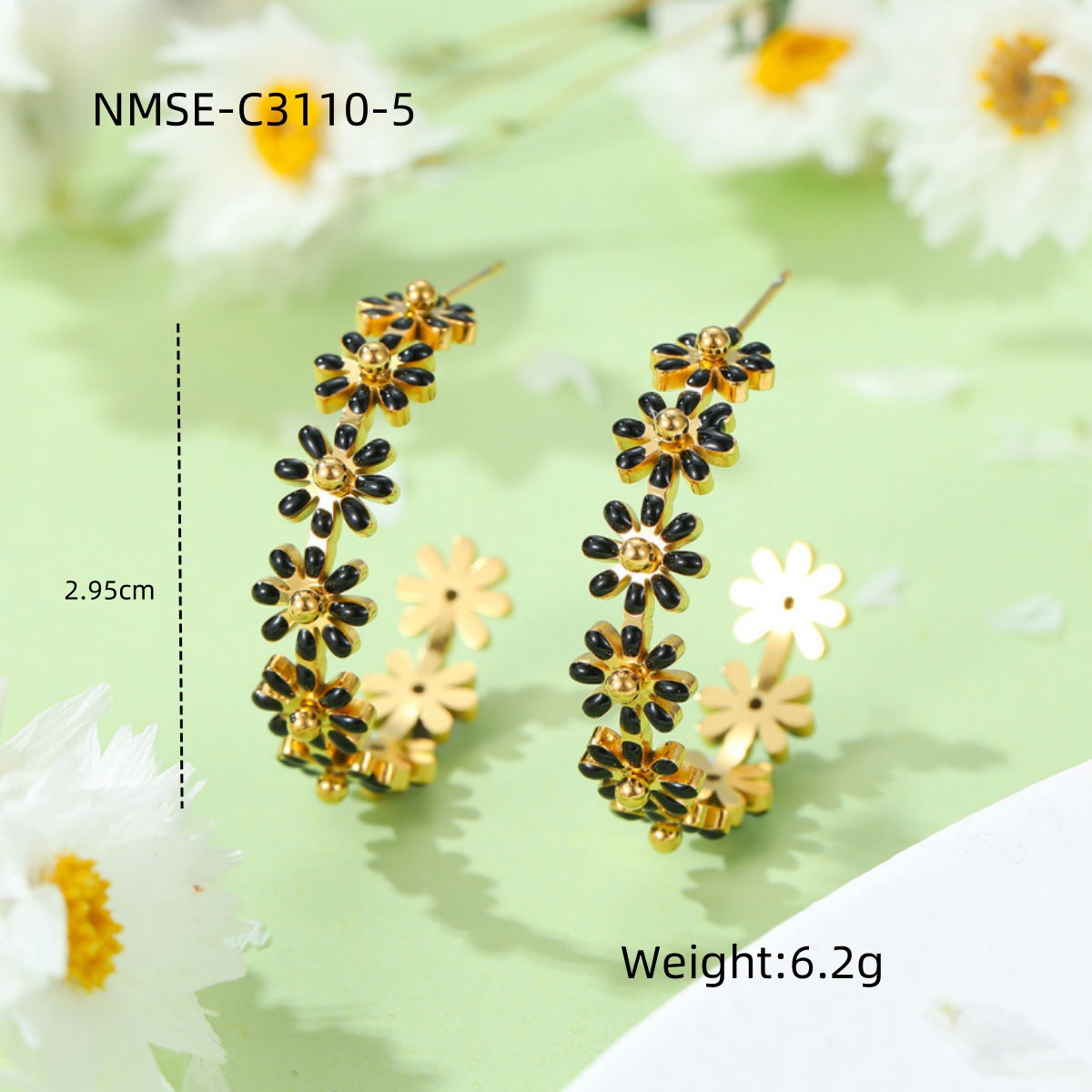 Pendientes de acero de titanio esmaltados con forma floral de moda para mujer, de acero inoxidable hipoalergénico con chapado en oro de 18 quilates