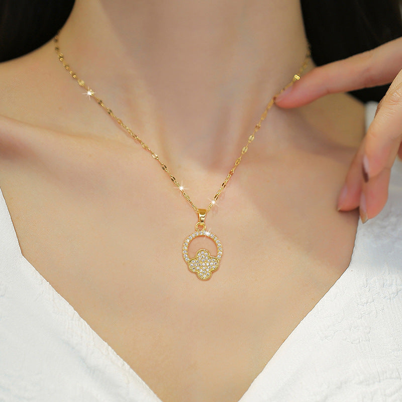Collar con colgante circular floral minimalista para mujer de acero de titanio con acabado chapado y motivo lunar