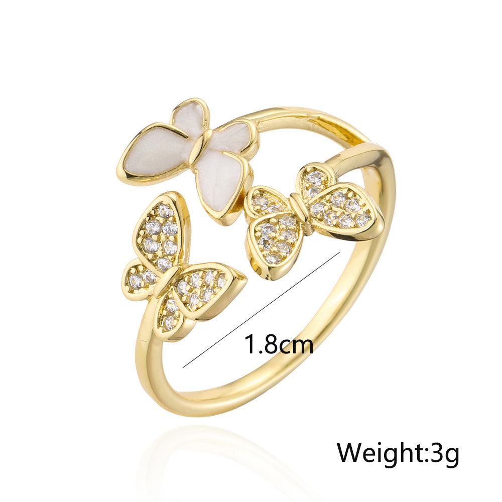18K Gold Plated Brass Micro-Inlaid Cubic Zirconia Butterfly Ring for Women