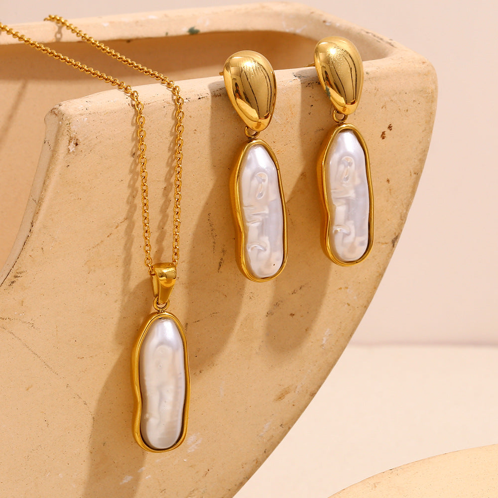 Pendientes Largos de Acero Inoxidable con Diseño Geométrico Vintage, Chapados en Oro de 18K y Acento de Perlas