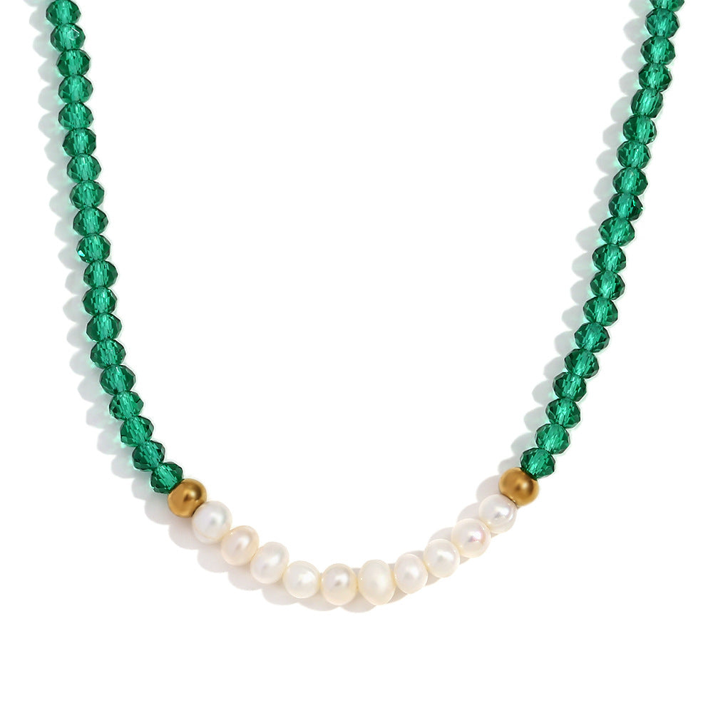 Minimalist Geometric Stainless Steel Pendant Necklace with Ten Freshwater Pearls and Green Faceted Crystals, Electroplated Finish