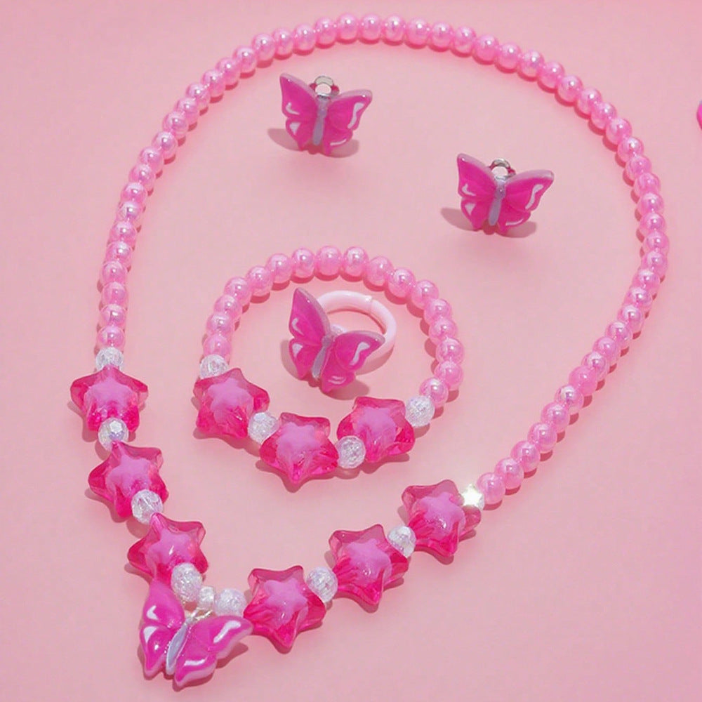 Set de collar de mariposa estilo caricatura para niños con dije de resina en cadena de cuentas con formas de corazón, estrella y flor