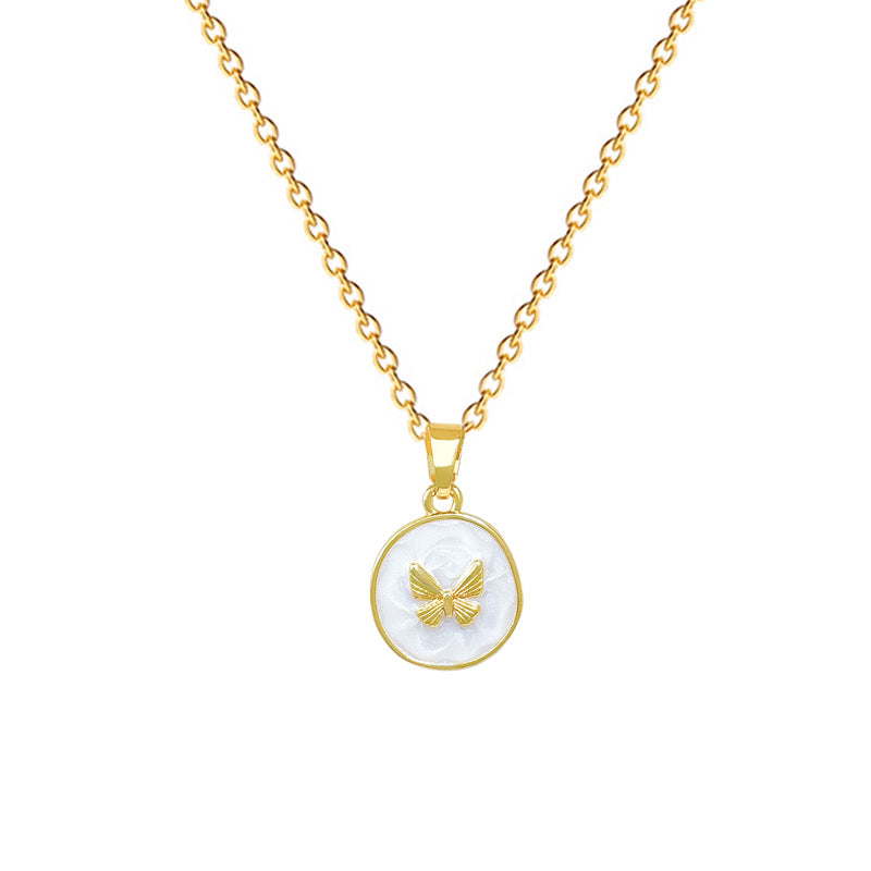Sweet Elegant Round Drip Oil Butterfly Rhinestone Necklace Titanium Steel Cable Chain Unisex