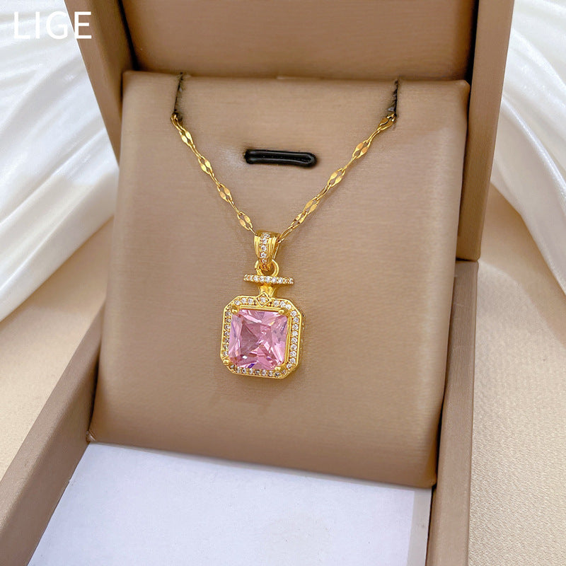 Sweet Geometric Moon Cubic Zirconia Inlay Titanium Steel Necklace with Brass Pendant for Unisex
