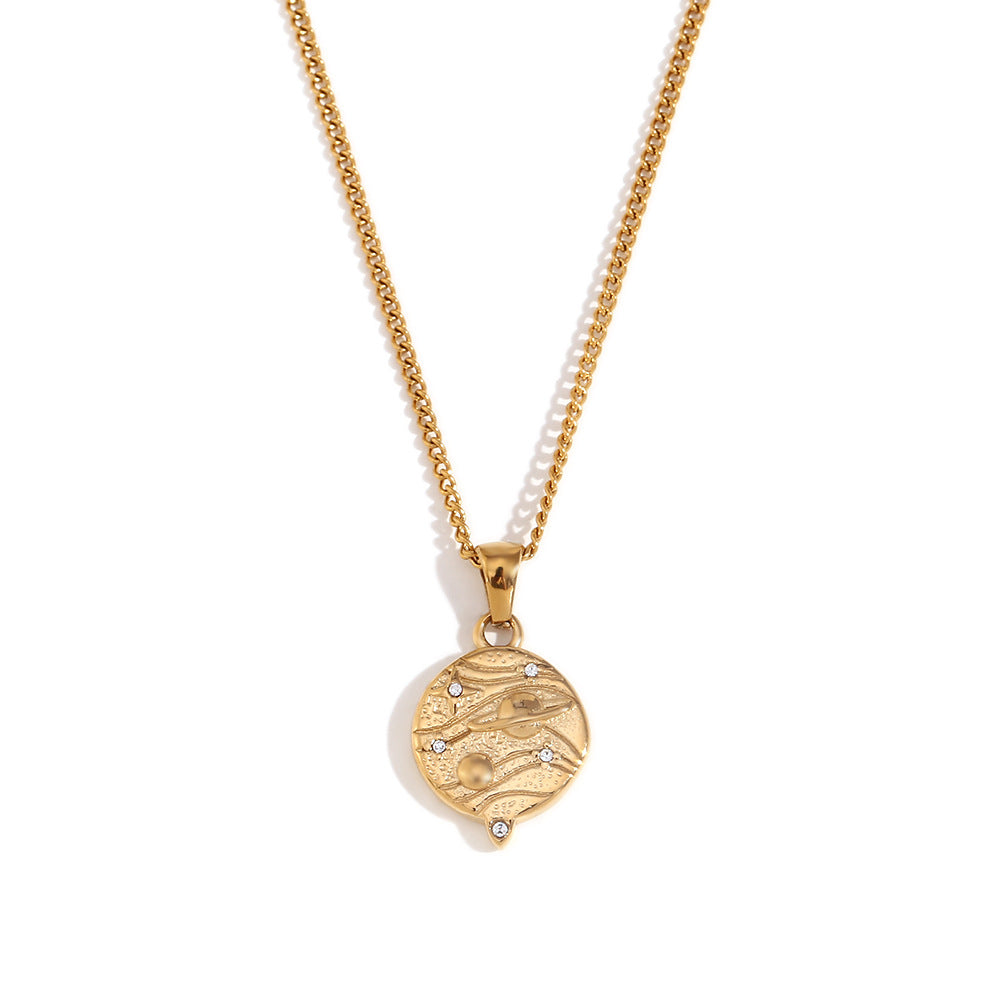 Vintage Minimalist Round Geometric Pendant Necklace in Stainless Steel with 18K Gold Plating for Women